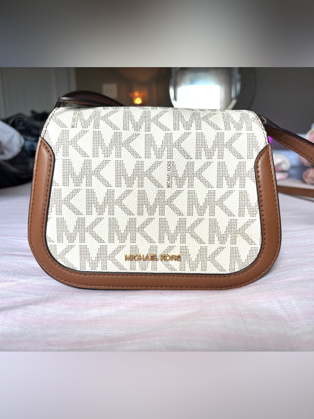 Michael Kors Cream & Brown MK Logo Crossbody Bag